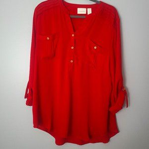 NWT Chicos Red Chiffon Button Down Roll Sleeve Pocket Front Blouse - 3 (XL - 16)
